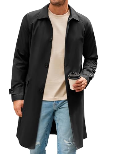 Runcati Herren-Trenchcoat, schmale Passform, einreihig, lang, Windjacke, klassisches Revers, lässiger Mantel, Schwarz, X-Large