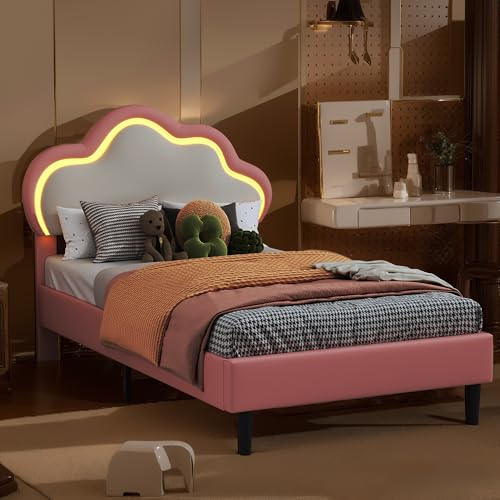 LIVLUX Gepolstertes Bett, 90 x 200 cm, Prinzessinnenbett mit verstellbarem LED-Kopfteil und Lattenrost, für Mädchen, Kopfteil in Wolkenform, für Kinder und Jugendliche, PU (Rosa C, 90 x 200 cm)