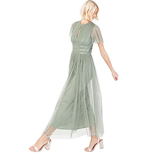 Anaya with Love Damen Ladies Midaxi Dress for Women High Waist Keyhole Short Flutter Sleeve Crew Neckline Wedding Guest Bridesmaids Prom Kleid, Frosty Green, 40 EU