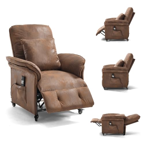 Asukale 2 Motoren Elektrischer Relaxsessel, Fernsehsessel mit Liegefunktion, TV Sessel Wohnzimmer mit Rollen, Verstellbarer Rückenlehne & Fußstütze, 2 Seitentaschen, Recliner Chair, Braun Flockleder