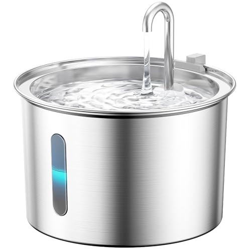 oneisall Katzenbrunnen Edelstahl, 2L Trinkbrunnen für Katze, Extrem Leiser Katzen Trinkbrunnen mit Wasserstandsfenster, katzentrinkbrunnen mit 3 Filtern, Spülmaschinenfest, LED Licht