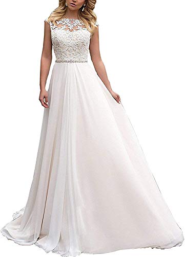 HUINI Damen Brautkleider Lang Prinzessin Hochzeitskleider Standesamtliche Chiffon A-Linie Brautmode Glitzer Vintage Brautkleider Weiß 42