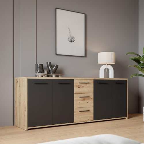 Forte PILVI Sideboard 180, modernes Sideboard mit 4 Türen und 4 Schubladen, Wohn-/Schlafzimmer, Holzwerkstoff, Artisan Eiche Holzdekor mit Schwarz, 179 cm breit x 74,1 cm hoch x 42 cm tief