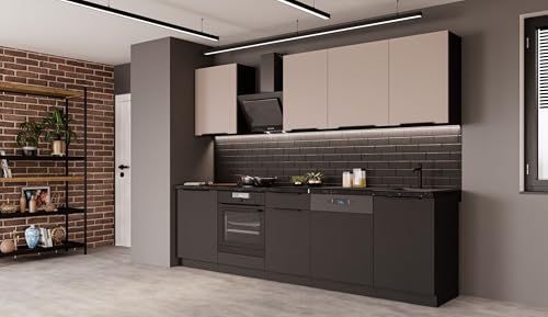 Kuechen-preisbombe Küche Siena + Arona Basic 280 cm Küchenzeile Küchenblock Einbauküche Kaschmir beige + Schwarz matt