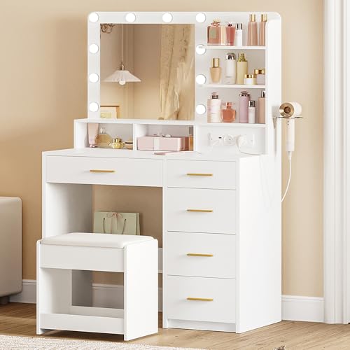 Hzuaneri Schminktisch mit 10 LED-Lichtkugeln, 3 Farben, Schminktisch mit Stecker Und Großem Spiegel, Hocker Und Haartrocknerhalter, Dressing Table mit Mehreren Schubladen, Weiß DT39003X