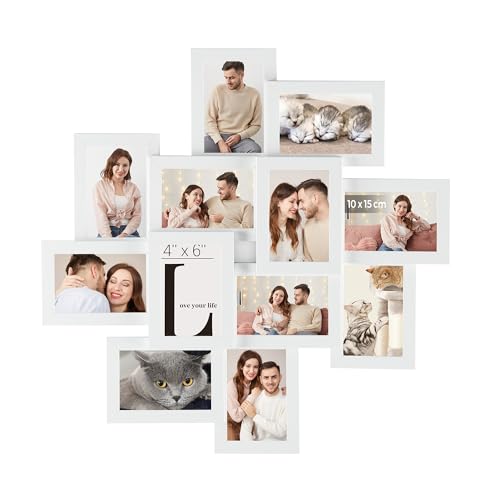 SONGMICS Bilderrahmen für 10 x 15 cm Bilder, Bilderrahmen für 12 Fotos, transparenter Glasschutz, zum Zusammenbauen, Weiß RPF22WT