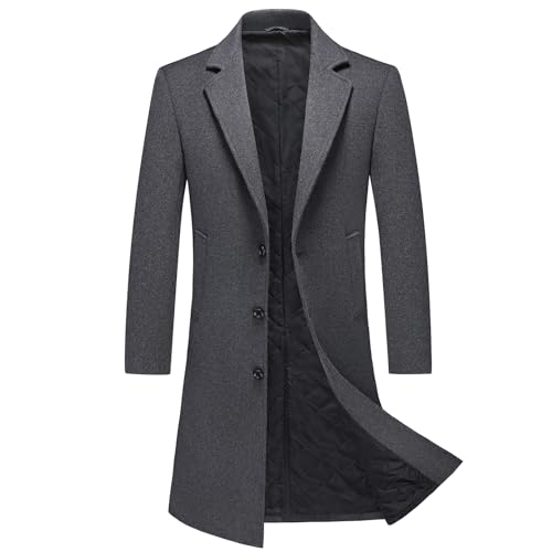 MODFUL Herren Langer Wollmantel mit Kerbkragen Warmer Wintermantel Lässiger Peacoat Slim Fit (Grau, 3XL)
