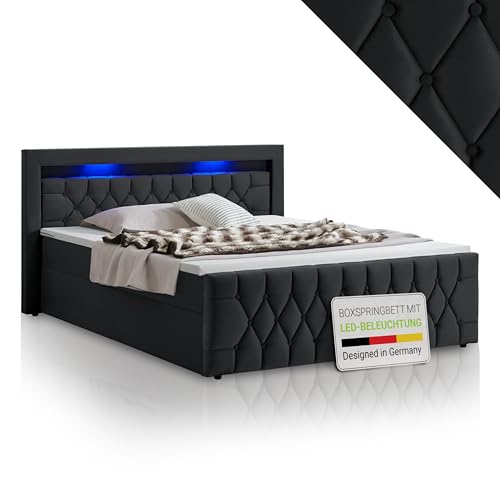Juskys Boxspringbett Leona 180x200 cm - Bett mit LED Beleuchtung, Topper & H4 Federkern Matratzen - Einzelbett Schwarz mit Samt und Steppung
