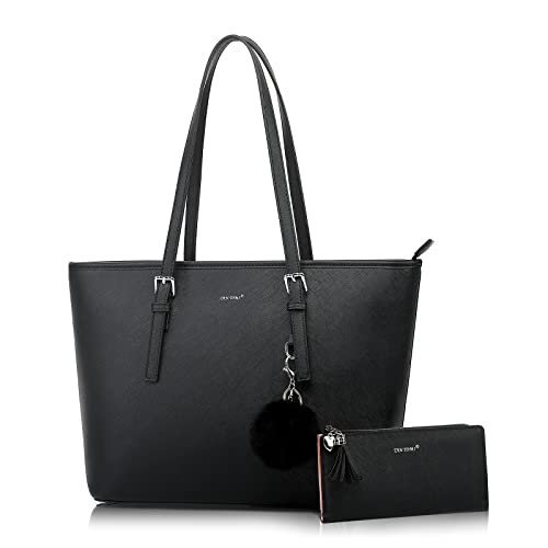 Handtasche Damen Set Schwarz Tasche Mit Geldbörse für Büro Schule Einkauf Handtasche Damen Groß Mit Quasten Damen und Pelz Kugel Plüsch Schlüsselring