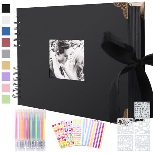 Fotoalbum zum Selbstgestalten 30x21 cm, Fotobuch zum Selbstgestalten mit 80 Schwarze Seiten, Platz für 160 Fotos, DIY Groß Zum Einkleben Scrapbook Set für Jahrestag Valentinstag mit Protektkegeln