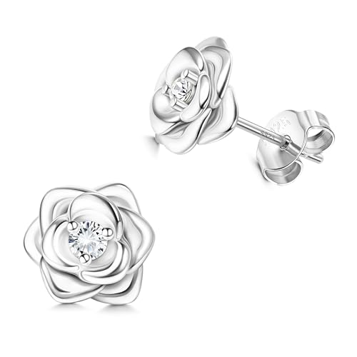 JeweBella Kleine Blumenohrringe aus 925er-Sterlingsilber für Damen und Mädchen, hypoallergen, rosa Ohrringe mit 5 A Zirkonia, Knorpelohrringe, Silber/Gold/Roségold/Schwarz, Schmuckgeschenke, Silber