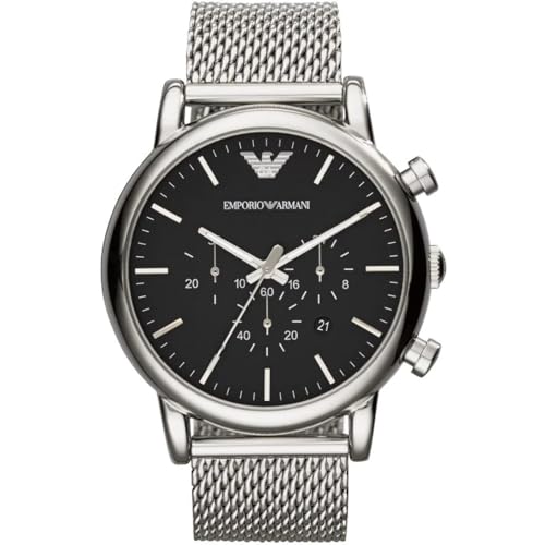 Emporio Armani Watch For Men, Chronograph Movement and 46mm Case Size with Stainless steel, Leather or Silicone strap Silberton und Schwarz , 46MM