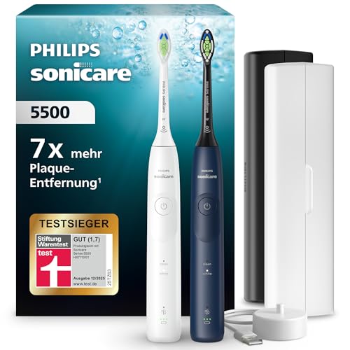 Philips Sonicare 5500 elektrische Zahnbürste, Sonic Zahnbürste mit 2 Putzmodi, Andruckkontrolle, EasyStart, SmarTimer und BrushPacer, Weiß und Navy, 2er-Pack, Modell HX7119/01 [Neue Technologie]