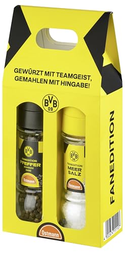 BVB x Ostmann – Gewürzmühlen-Set | Ungemahlenes Meersalz und ganzer schwarzer Pfeffer in der Borussia Dortmund Fanedition | BVB Gewürze zum Verschenken | 130 g Salz / 60 g Pfeffer