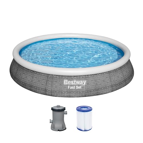 Bestway® Fast Set™ Aufstellpool-Set mit Filterpumpe Ø 396 x 84 cm, Rattan-Optik (Schiefergrau), rund