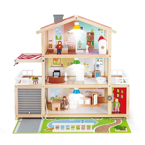 Hape Puppen-Villa Holz-Puppenhaus mit 10 Zimmern, kreatives Rollenspiel, inklusive Möbel und Zubehör, pädagogisches Spielzeug, für Kinder ab 3 Jahren