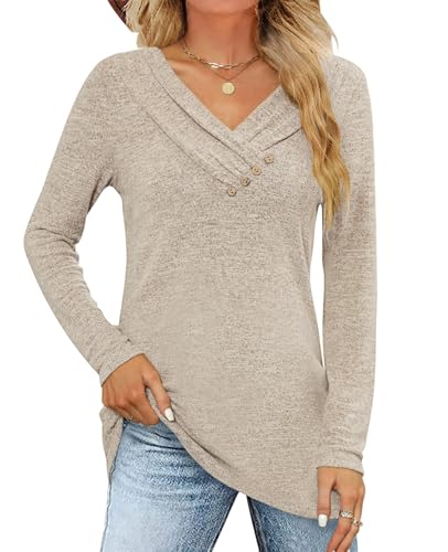 iudam Damen Langarmshirt V Ausschnitt Langarm Oberteil Shirt Elegant Pullover Locker Herbst Basic Tunika T-Shirts Tops Knopf Casual Blusen,Khaki,L