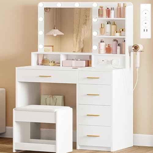 Hzuaneri Schminktisch mit 10 LED-Beleuchtung, Hocker, Frisiertisch mit Große Spiegel, Schminktische mit Stecker, Und Haartrocknerhalter, Und Mehreren Schubladen, Weiß DT39003X