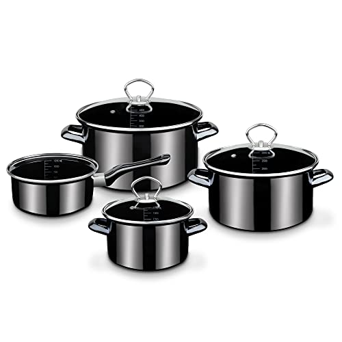 GSW Kochtopf-Set Profi-Black-Star – hochwertiges Topfset bestehend aus 3 Töpfen und 1 Kasserolle, inkl. Deckel, auch für Induktion – Stahl-Emaille, 7-teilig