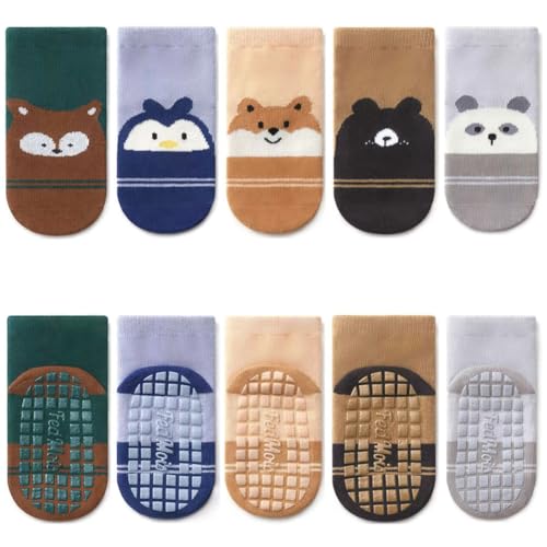 FedMois 5er Pack Baby Kleinkinder ABS rutschfeste Socken Sneaker Socken Tiermotive Baumwolle, Streifen, 0-1 Jahr