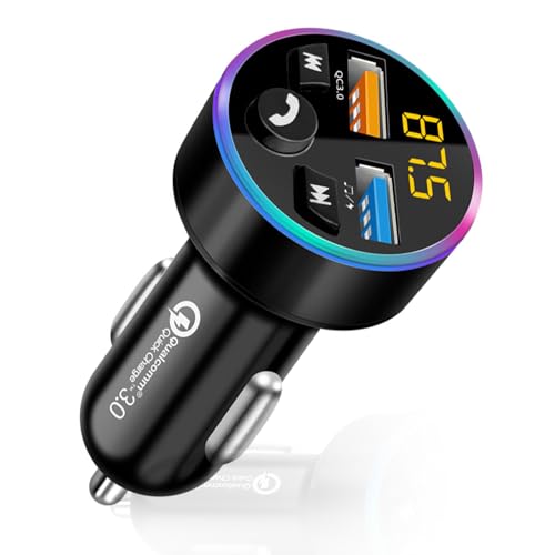 Auto FM Transmitter Bluetooth 5.0 Adapter 66W, Kfz Audioadapter mit Dual USB Schnellladegerät, LED-Voltanzeige, Freisprechen, MP3/USB-Stick, Navigation, 12V/24V kompatibel, Stabiler Empfang