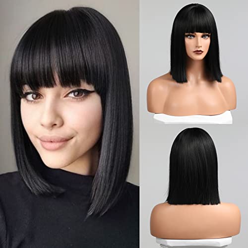 HAIRCUBE Kurze Charmante Bob mit Bangs Perücken für Frau Natur Hitzebeständige Synthetische Faser Party/Cosplay/Kostüm/Tägliche Perücke (schwarz)