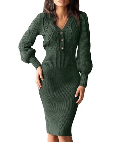 Cicy Bell Damen Strickkleid V-Ausschnitt Kleid Knielang Pulloverkleid mit Knopf Sexy Langarm Kleider Lang Winter Midikleid Dunkelgrün,XL