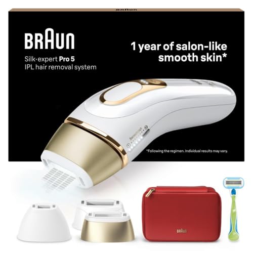 Braun IPL Silk·expert Pro 5 – IPL Haarentfernungsgerät, Dauerhafte und Schmerzfreie Haarentfernung für Zuhause – inkl. Etui, Venus Rasierer, 3 Aufsätze, Designed In Germany – PL5262, Weiß/Gold