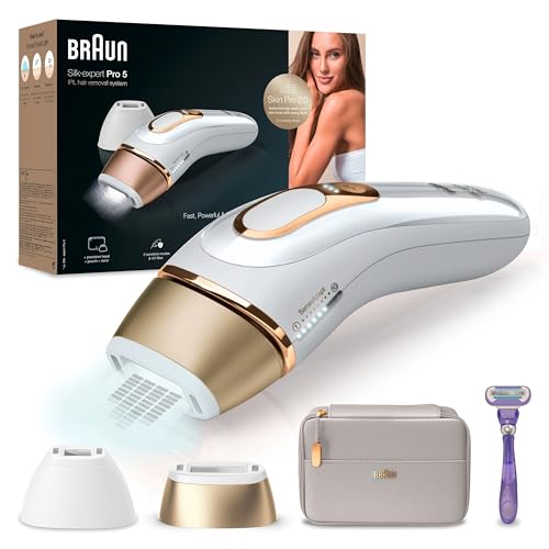 Braun IPL Silk Expert Pro 5 – IPL Haarentfernungsgerät, Dauerhafte und Schmerzfreie Haarentfernung für Zuhause – inkl. Etui, Venus Rasierer, 2 Aufsätze, Designed In Germany – PL5157, Weiß/Gold
