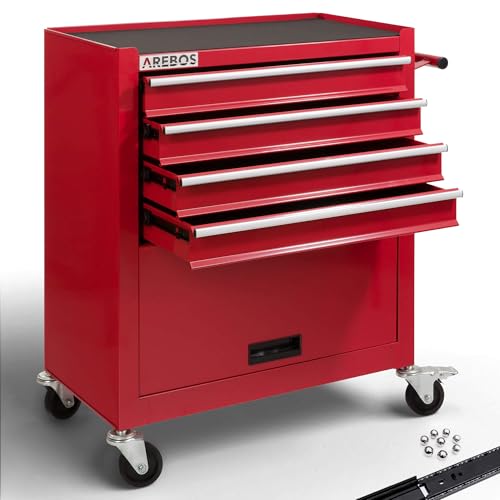 Arebos Werkstattwagen 4 Fächer + großes Fach für Werkzeug Kratzfeste Oberfläche | inkl. Antirutschmatten | kugelgelagerte Schubladen Interlock-System | 2 Rollen mit Feststellbremse | Rot