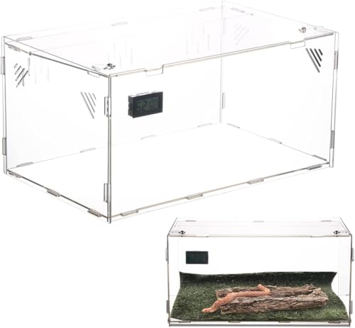 Homtone Acryl Terrarium, 39x25x19cm Schnecken Terrarium mit Temperatur Hygrometer, Großes Transparent Reptile Fütterungsbox, Tragbarer Reptilien-Zuchtbox für Gecko, Chamäleon
