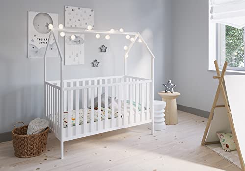 FabiMax Kinderbett Hausbett Schlafmütze, 70x140 cm, aus Kiefernholz weiß lackiert, mit Matratze Classic