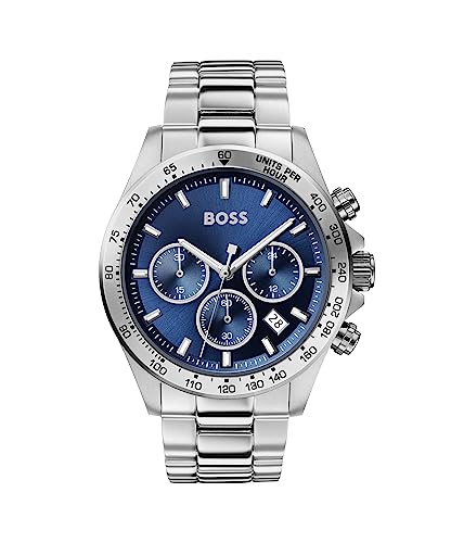 BOSS Herren 43mm Chronograph Quarz Uhr Hero Kollektion mit Silbernem Edelstahlarmband, Blauem Zifferblatt, Datumsfunktion, 3 Sub-Dials, Wasserdicht bis 5ATM - 1513755
