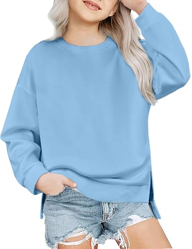 Arshiner Mädchen Sweatshirt Basic Ultrabequem Herbst Winter Rundhals Pullover Einfarbiges Freizeit Sport Mode Langarmshirts für Kinder 13-14 Jahre Blau