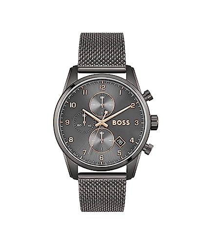 BOSS Herren 44mm Chronograph Quarzuhr SKYMASTER Kollektion mit Grauem Zifferblatt, Grauem Edelstahl-Mesh-Armband, Datumsfunktion, 5ATM Wasserdichtigkeit - 1513837