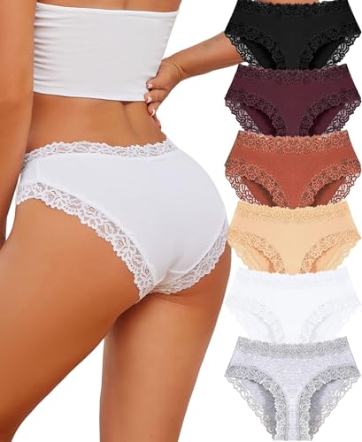 ALL OF SHE 6er Pack Unterhosen Damen Baumwolle Unterwäsche Frauen Spitze Slips Baumwoll Hipster Frauen Underwear Soft Brazilian Panties Mehrpack S-XL