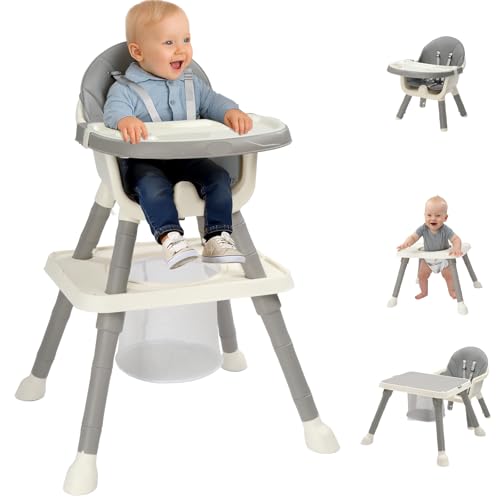 LEADZM 7 in 1 Babyhochstuhl, Umbaubares Tisch- und Stuhlset – Spielzeugtisch und Bausteinbrett, Abnehmbares Doppeltablett, Hochstuhl Baby mit Aufbewahrungskorb, Grau