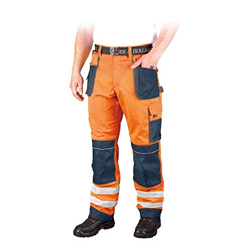 Leber&Hollman Herren Arbeitshose LH-FMNX-B, 100% Polyester 270 g/m2, Taschen für Knieschoner, reflektierende Streifen an den Hosenbeinen LH-FMNX-T_PGS54 Orange-dunkelblau-grau 54