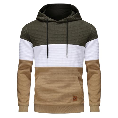 YuKaiChen Herren Pullover Herren Patchwork Hoodie Langarm Jacquard Kaputzenpullover Farbblock Sweatshirt mit Taschen Armeegrün Weiß Khaki Groß