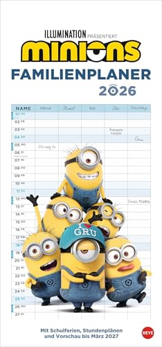 Minions Familienplaner 2026: Familienkalender mit 5 Spalten. Wandkalender mit Schulferien und Stundenplänen. (Kino-Entertainment Kalender Heye)