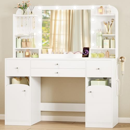 Hzuaneri Schminktisch mit LED-Beleuchtung, mit Stecker und Föhnhalter, große Tischplatte 108 cm, Schminktisch mit 2 großen Schubladen mit Schmuckablage, 2 Schränke, 40 x 108 x 144 cm, Weiß DT41503XEU