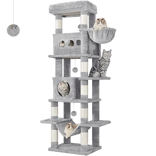 Hzuaneri Kratzbaum groß, 170 cm hoch, Katzenbaum, mit 8 Kratzbäume, 2 Höhlen, groß Plattformen, Waschbare Matte, Hängematte, Plüschbälle, mehrstöckiger katzenkratzbaum, Hellgrau MS17018LG