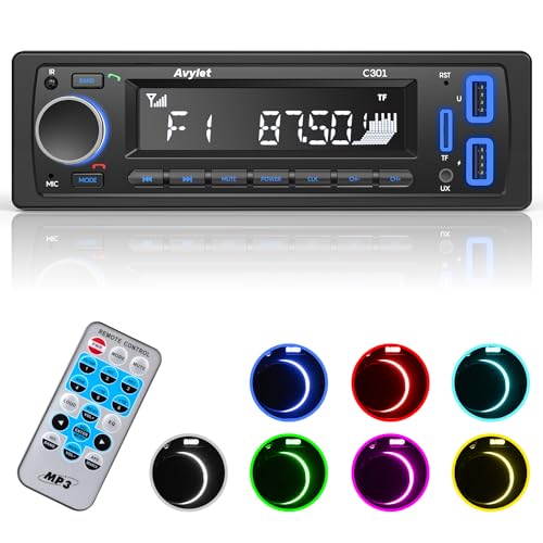 Autoradio Bluetooth 5.0, Avylet mit Freisprecheinrichtung, 7 Farben FM Autoradio 1 Din USB/AUX/SD Karte/MP3-Player