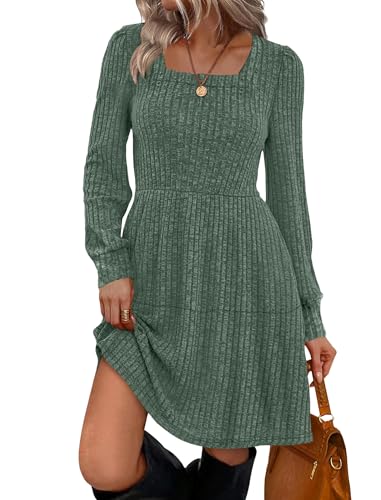 Cicy Bell Freizeitkleider für Damen Leichte Strickkleid Pulloverkleid Langarm A-Linie Casual Babydoll Herbst Kleider,Armeegrün,S