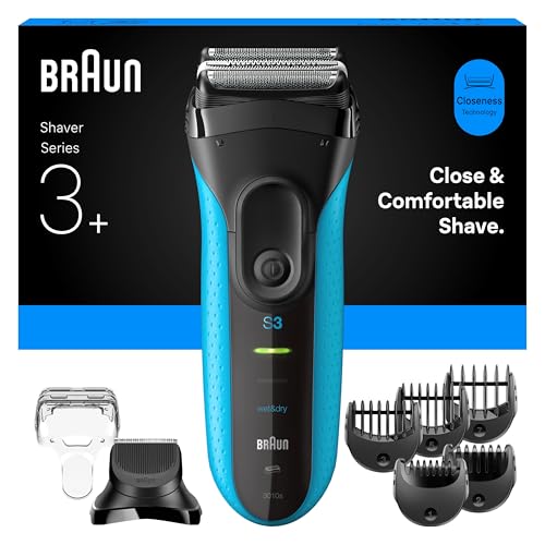 Braun Series 3+ Elektrorasierer Herren, Rasierapparat mit 3 Flexiblen Klingen, Effizienter MicroComb Mitteltrimmer, Barttrimmer-Aufsatz, +5 Kammaufsätze, Nass- und Trockenrasierer, 3010BT, Blau