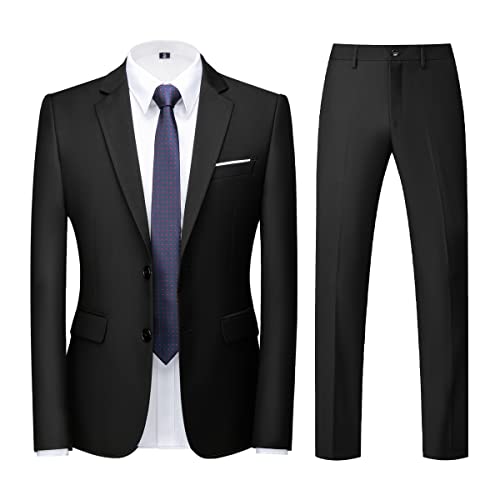 KUDORO Herren Anzüge Slim Fit 2-Teilig Zwei Knöpfe für Hochzeit Business Herrenanzug Sakko Hose(Schwarz,L)