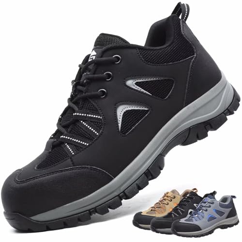 CYKYGGO Arbeitsschuhe Herren Sicherheitsschuhe Damen Leicht Atmungsaktiv rutschfeste Anti Smashing Stahlkappenschuhe Schwarz 44