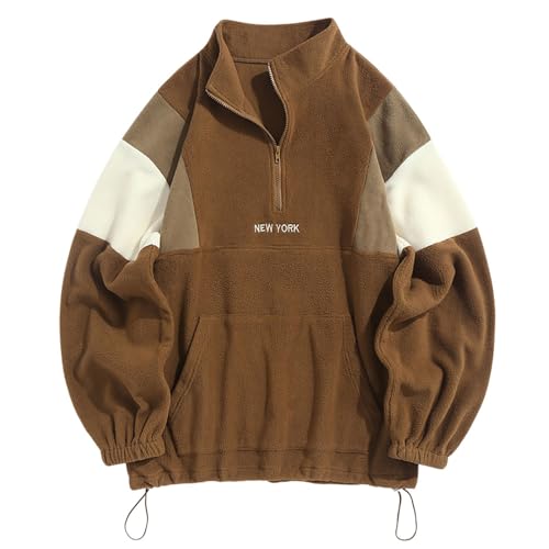 ZAFUL Halber Zip Farbblock Flauschig Polar Vlies Fleece Sweatshirt Herren Vintage Brief Stickerei Schulter absetzen Langarm für Herbst Winter (1-Braun,S)