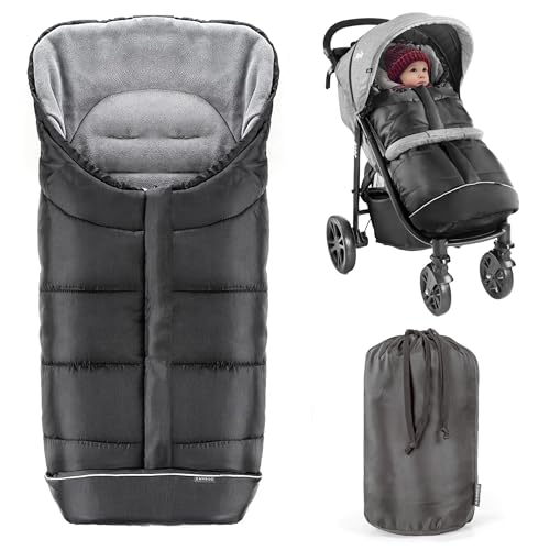 Zamboo Fußsack für Joie Buggy Sportwagen (passend für Litetrax, Mytrax, Chrome) - Winterfußsack für Kinderwagen, mit Reflektor, Kapuzenfunktion & Tasche - Schwarz