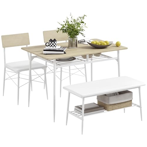 HOMCOM Essgruppe Esstisch mit Bank und 2 Stühlen Platzsparend Küchentisch-Set mit Ablage für 4 Personen Esszimmergruppe für Esszimmer, Küche, Eiche
